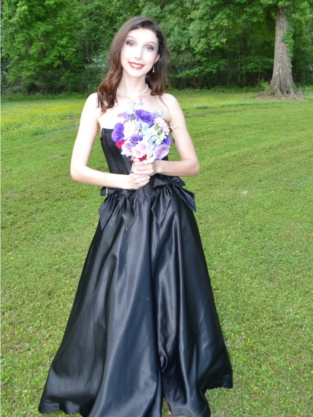 Macy's Black Satin Strapless Ball Gown with Bow Accents
